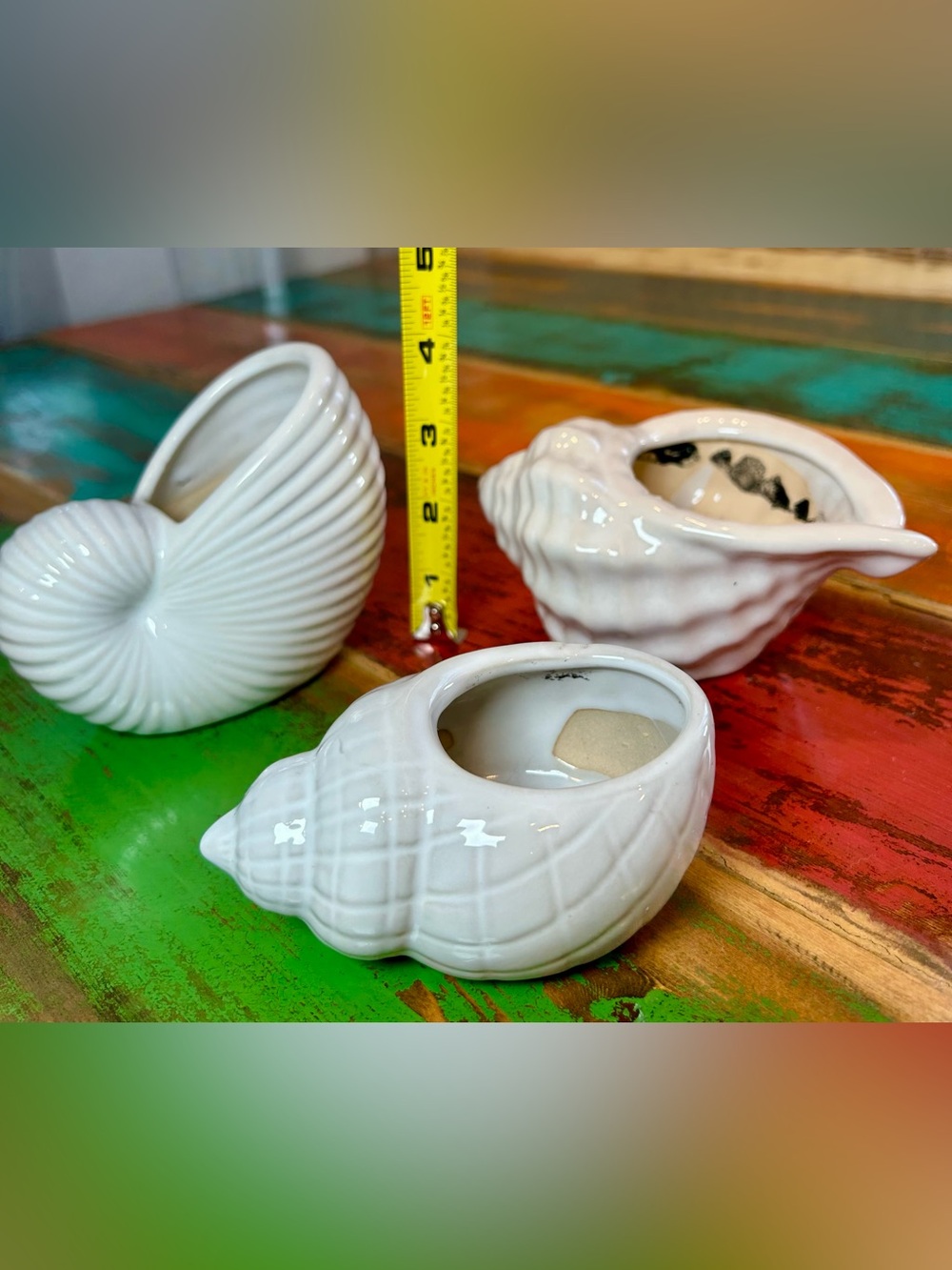 Vintage Pier 1 White Ceramic Seashell Planter Trio Set of 3 Conch Nautilus - Picture 11 of 13